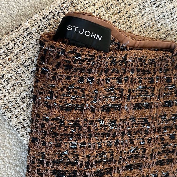 St. John Dresses & Skirts - St. John Tweed Eyelash Pencil Skirt. Black + Tan Stretch Wool, Midi Zip + Slit.